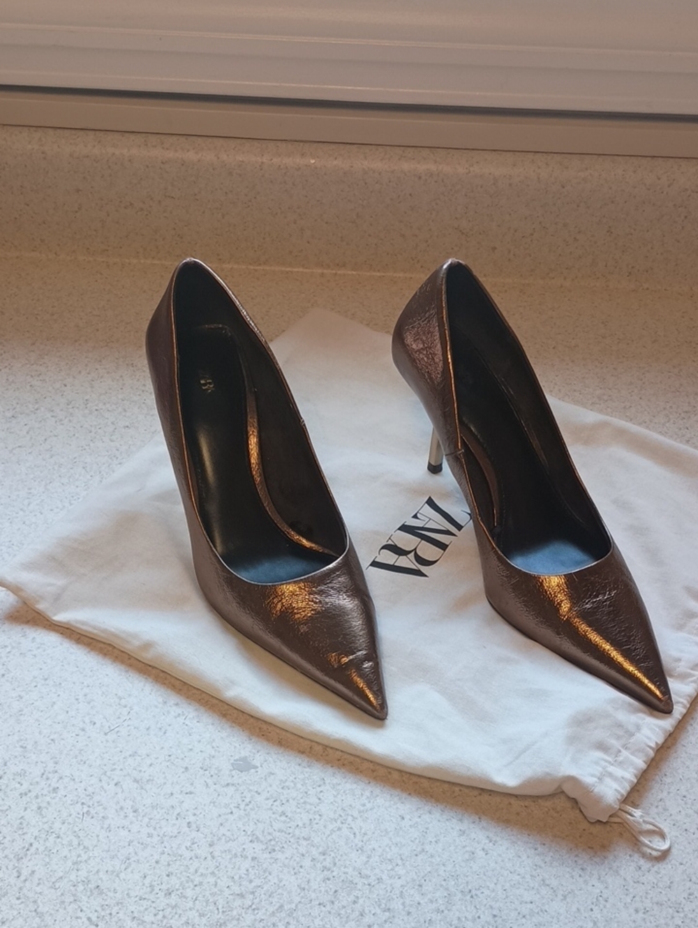 Zara Metallic Gold/Bronze Pointed-Toe Stiletto Heels Size 37 Or 7 With Dust Bag